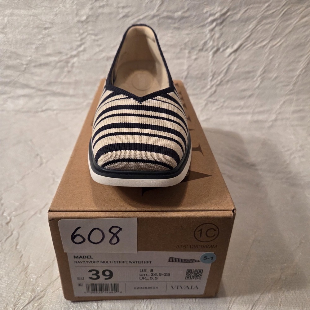 VIVAIA Navy Cream Striped Square Toe All-Day Standing Flats EU 39 US 8 - Picture 8 of 16